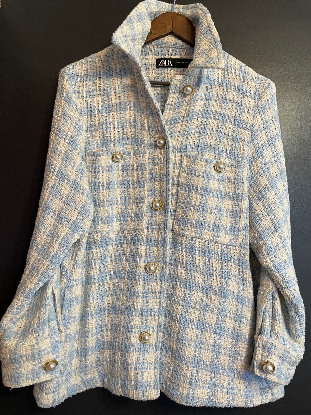 ZARA Light Blue & Cream Tweed Pearl-Button Shacket